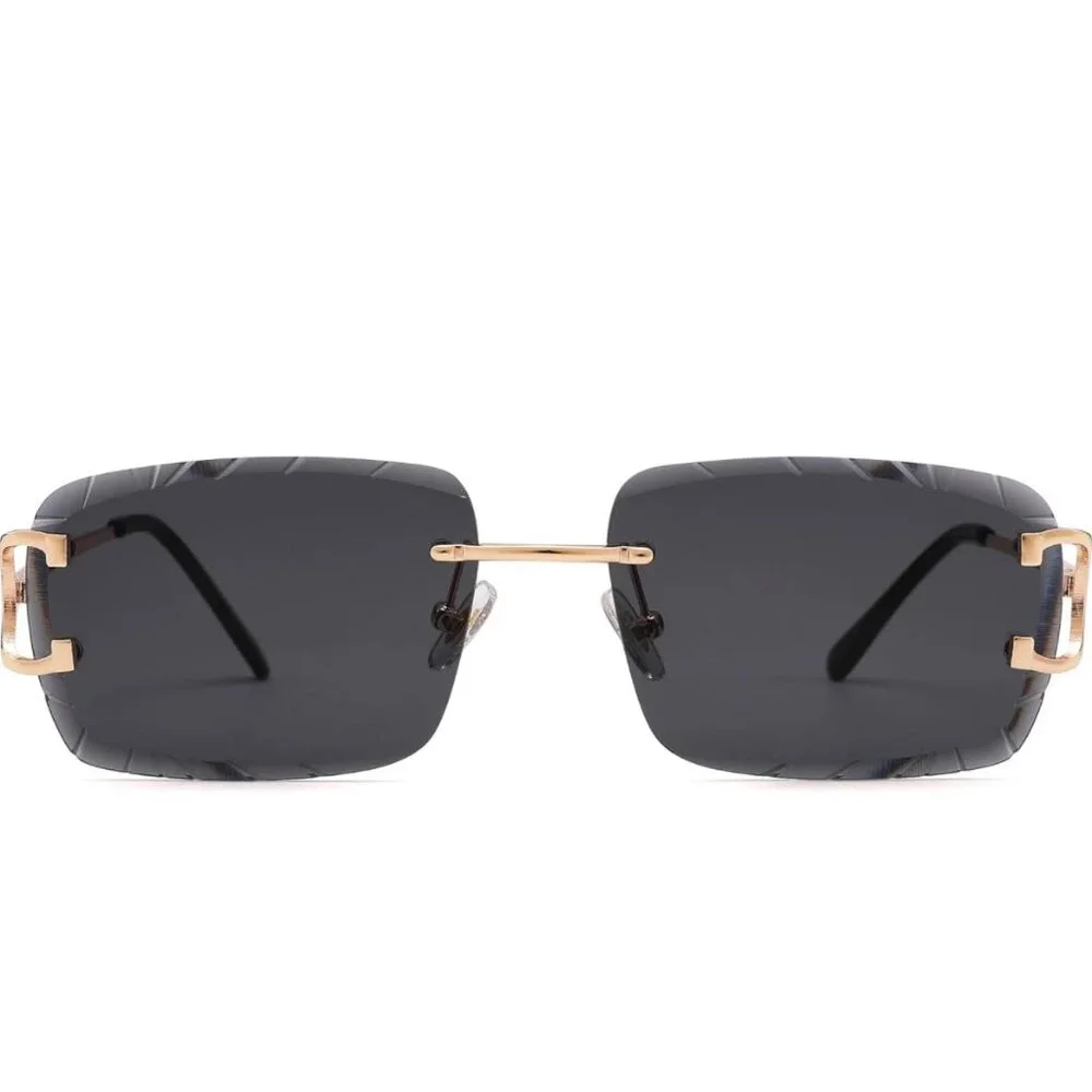 Mens Sunglasses Hip Hop‎ Style Dark Black Lens Gold Rimless Diamond Cut Classy